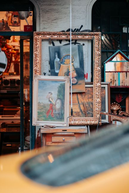 A man with dark, wavy hair and a beard is shown from the side, wearing a red long-sleeve shirt, as he carefully hangs a small framed picture of an insect, possibly a dragonfly, on a wall decorated wit